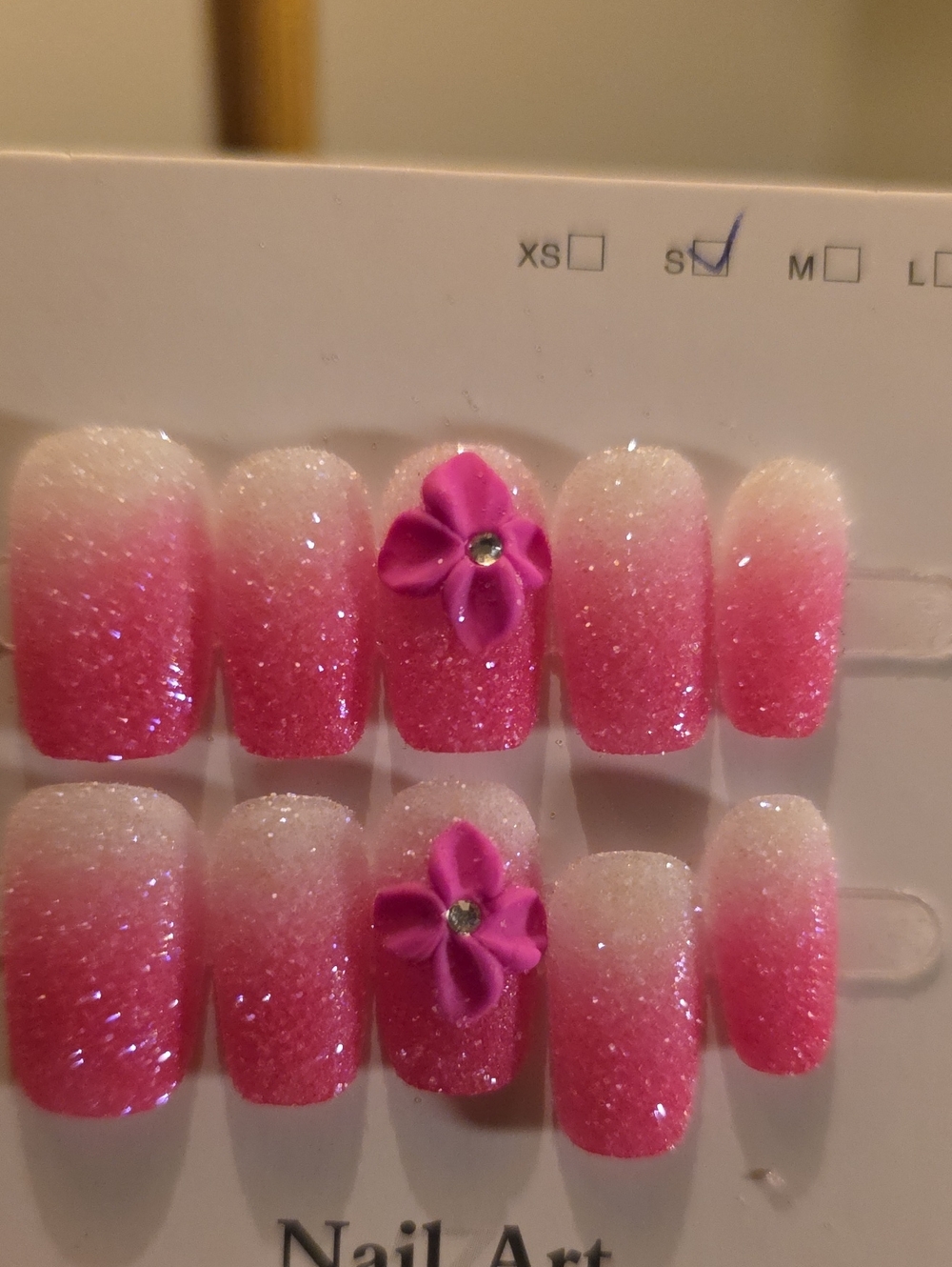 Pink Ombre Glitter Press-On Nail Set with Flower Accent Size Small